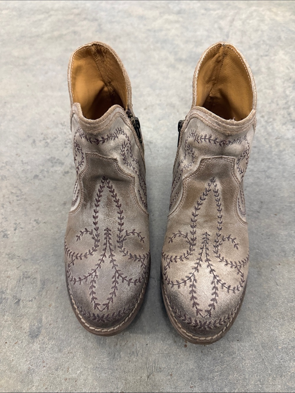 Embroidered Taupe Suede Ankle Booties